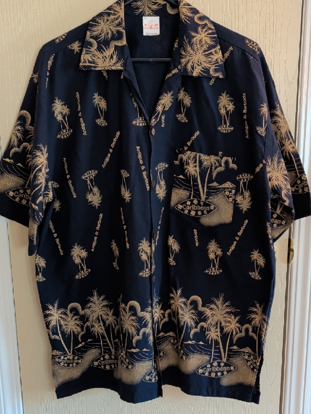 Vintage Island Expressions Men XL Caribbean Palm Print Short Sleeve Shirt Navy